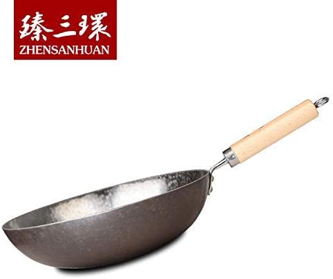 臻三环 ZhenSanHuan Chinese Hand Hammered Iron Pow Woks and Stir Fry Pans Wooden Handle (Silver-NOT Seasoned 32cm)