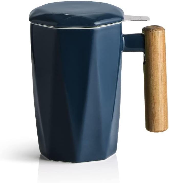 Sweejar Ceramic Tea Infuser Cup with Lid, Wooden Handle Teacup with Strainers for Loose Leaf Tea, 17 oz Geometric Shape Coffee Mug, Steeping Mug with Infuser, Women Christmas Gift (Navy)