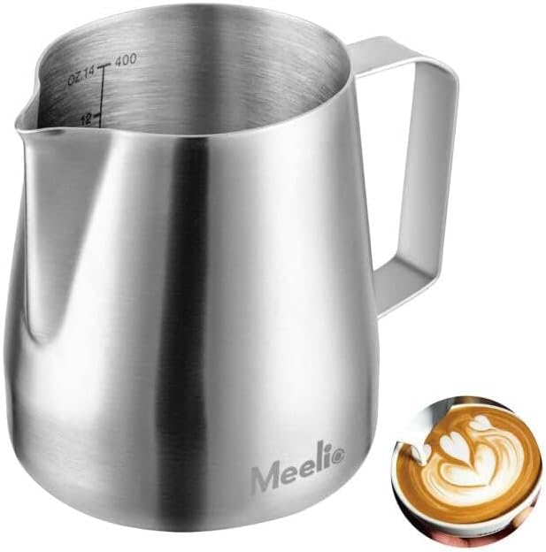 Stainless Steel Milk Frothing Pitcher 14oz, Espresso Milk Frother Cup 400ml Milk Steaming Pitcher with Measurement Scale, Latte Art Pitcher, steamer cup