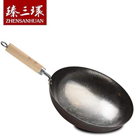 臻三环 ZhenSanHuan Chinese Hand Hammered Iron Pow Woks and Stir Fry Pans Wooden Handle (Silver-NOT Seasoned 32cm)