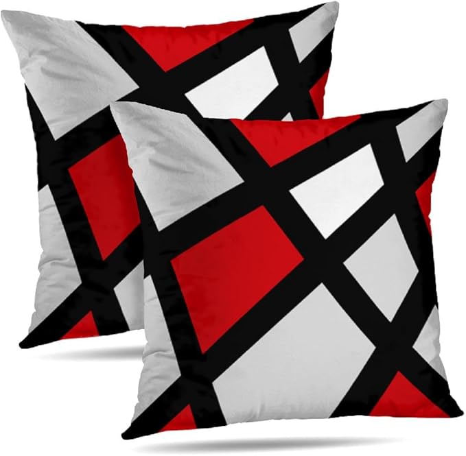 Modern Art Geometric Pillow Cover, Decorative Throw Pillow Covers Red Black Abstract Artwork Cushion Cover for Bedroom Sofa Living Room 18 x 18 Inch Set of 2