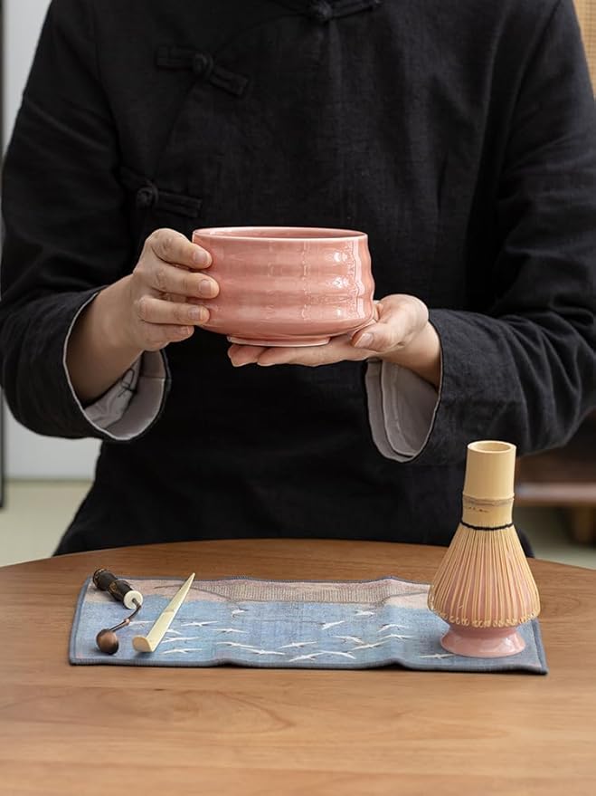 Sisher Matcha Whisk Set Pink,Matcha Set With Bowl Ceramic Pink Matcha Bowl,Matcha Whisk and Holder, Bamboo Scoop, Scoop Rest and Sifter Japanese Matcha Kit for Matcha Lovers 5pcs