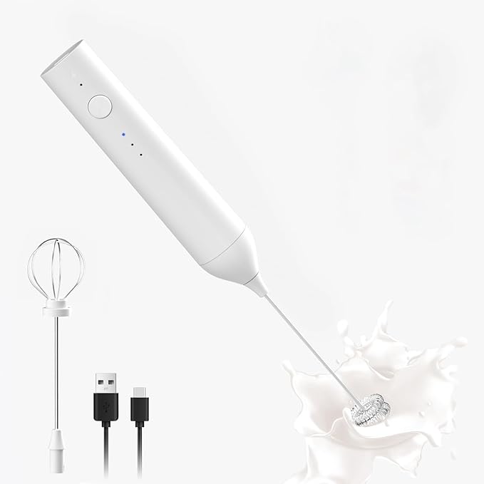 Powerful Electric Milk Frother with Wand and Egg Whisk Attachments, 3 Speed Adjustable Rechargeable Foam Maker Mixer, Milk Frother Handled for Coffee, Protein Powder (White without Stand)