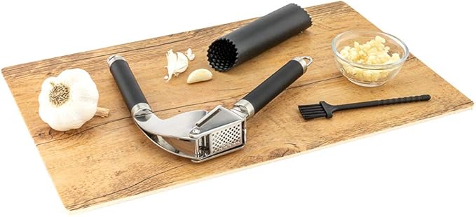 Restaurantware Met Lux 7.6 Inch x 2.5 Inch x 1.3 Inch Garlic Crusher 1 With Easy Clean Brush Garlic Press And Peeler Set - 3-Piece Silicone Peeler Black Stainless Steel Minced Garlic Tool