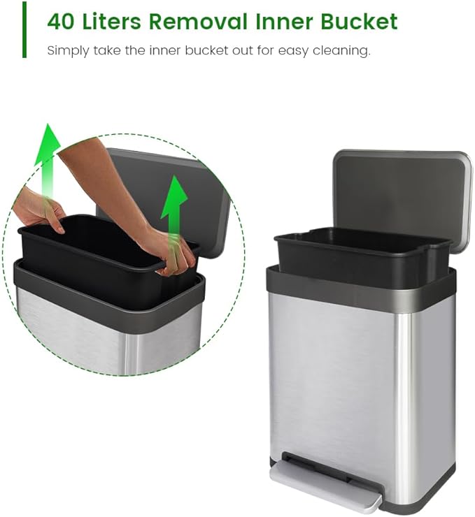 10 Gallon Stainless Steel Trash Can with Removable Inner Bucket, Soft Close & Stay Open Lid, Step-on Pedal – Modern Kitchen Waste Bin