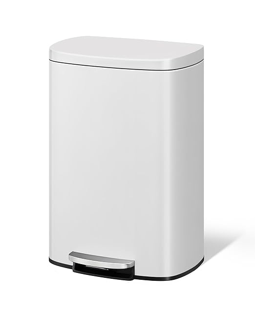 Garvee 13 gal / 50 L Metal Kitchen Trash Can with Lid, Large Rustproof Garbage Can for Kitchen, Step-on Trash Bin with Inner Bucket, Rear Handle, Soft Close Lid, White