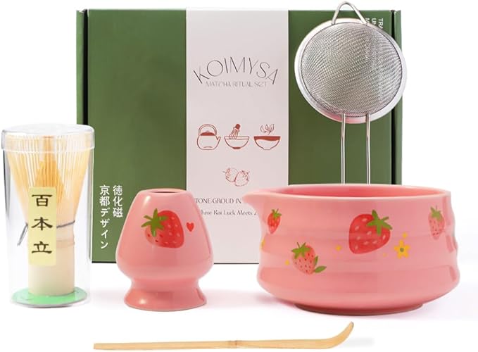 Pink Matcha Set Whisk And Ceremony Bowl, 5 Pcs Ceramic Traditional Matcha Making Kit Gift Set For Women Friends Tea Lover