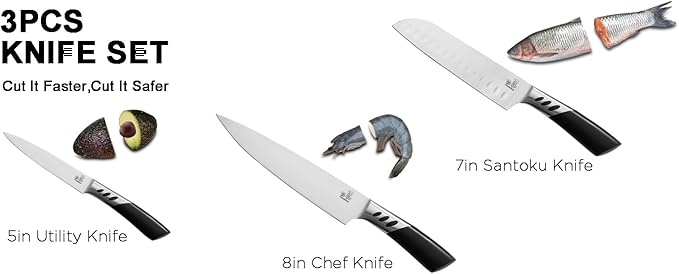 3PCS High Carbon Stainless Steel Kitchen Knife Set - 8" Chef Knife, 7" Santoku Knife, 5" Utility Knife | Sharp, Rust-Resistant Cooking Knives for Home Kitchen, BBQ| Ideal Gift for Cooks