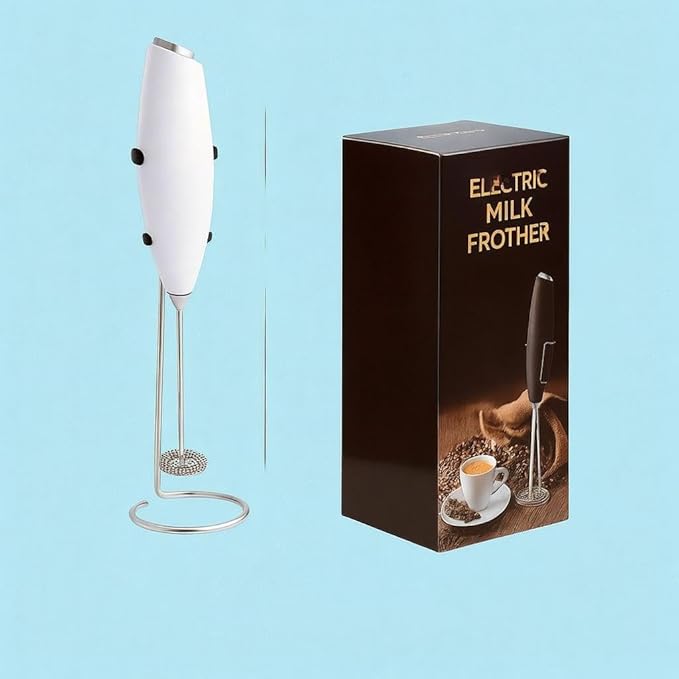 Milk Frother Wand - Powerful Electric Hand Whisk and Mini Blender for Coffee, Matcha and Protein Shakes - Includes 2 AA Batteries - Durable, Easy to Clean and Fast Frother (WHITE)