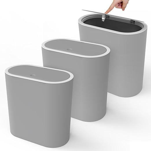 Naisu 15 Liter Rectangular Plastic Trash Can Wastebasket with Press Type Lid,4 Gallon Slim Plastic Trash Bin, Trash Can Waste Bins for Bedroom, Bathroom, Office, Kitche, Powder Room（Grey）