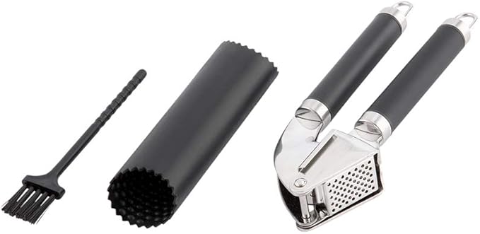Restaurantware Met Lux 7.6 Inch x 2.5 Inch x 1.3 Inch Garlic Crusher 1 With Easy Clean Brush Garlic Press And Peeler Set - 3-Piece Silicone Peeler Black Stainless Steel Minced Garlic Tool