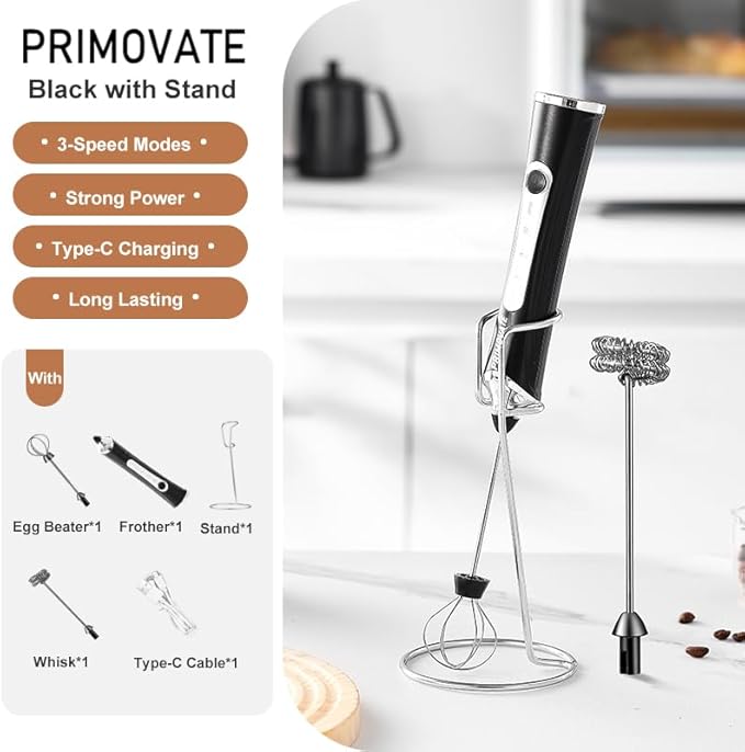 Handheld Milk Frother, Handheld Coffee Whisk, Low-Noise, USB Rechargeable, Black and White Color (Black with Stand)
