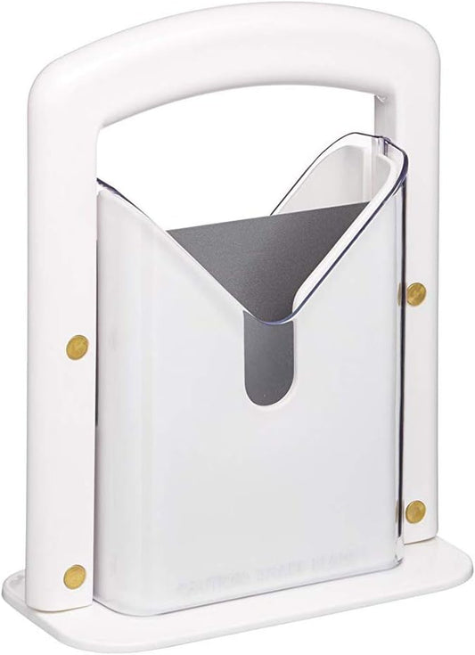 Hoan The Original Bagel Guillotine Slicer - 9.25-Inch Stainless Steel Blade Slicer - Safe and Efficient Easy Bagel Cutter for Muffins, Rolls, Buns with Precision Ground Serrated Blade (White)