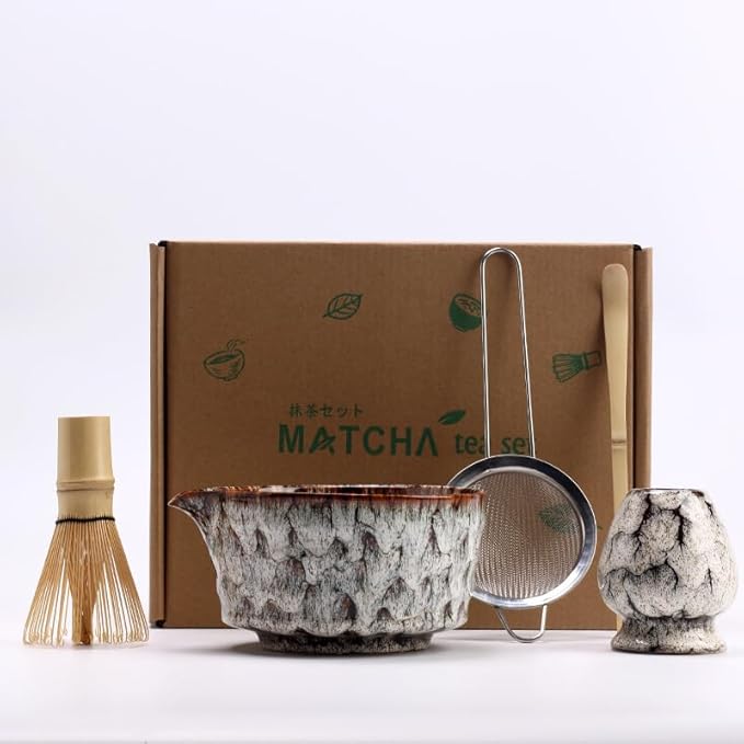 Matcha Whisk Set, 2025 New Ceramic Matcha Set Includes Matcha Bowl, Bamboo Scoop,Sifter, Whisk and Holder- 5 Pcs Kit for Matcha Lovers (Snowflake White)