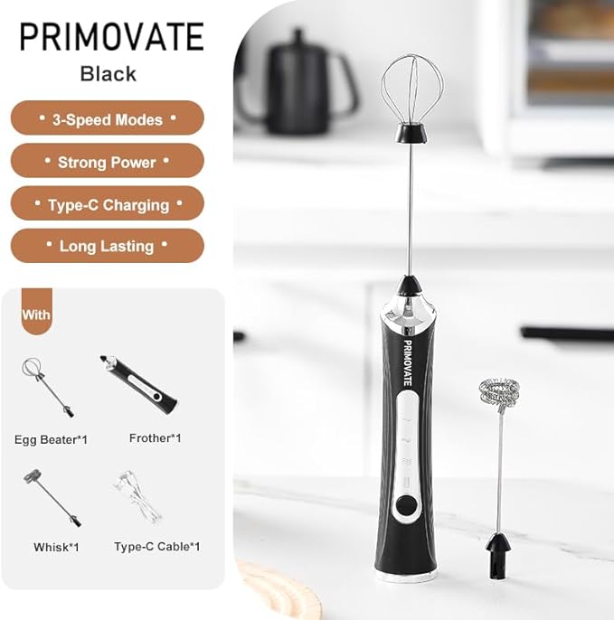 Handheld Milk Frother, Handheld Coffee Whisk, Low-Noise, USB Rechargeable, Black and White Color (Black with Stand)