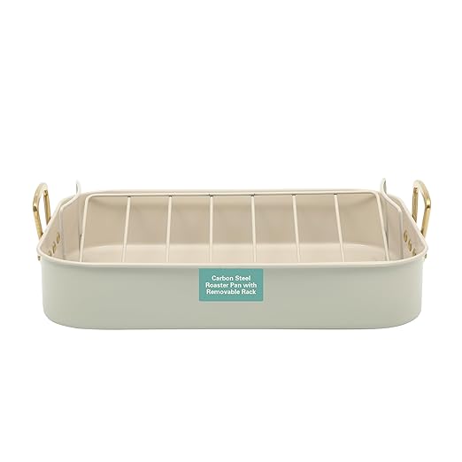 Gibson Home Broxton 2-Piece Nonstick Roaster Pan with Rack – 16 x 12 Inch Mint Green Turkey Roasting Pan with Cast Aluminum Gold Handles – Oven-Safe, Easy-Clean, Holiday Cookware