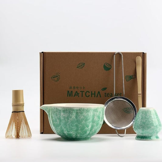 Matcha Whisk Set, 2025 New Ceramic Matcha Set Includes Matcha Bowl, Bamboo Scoop,Sifter, Whisk and Holder- 5 Pcs Kit for Matcha Lovers (Emerald Green)
