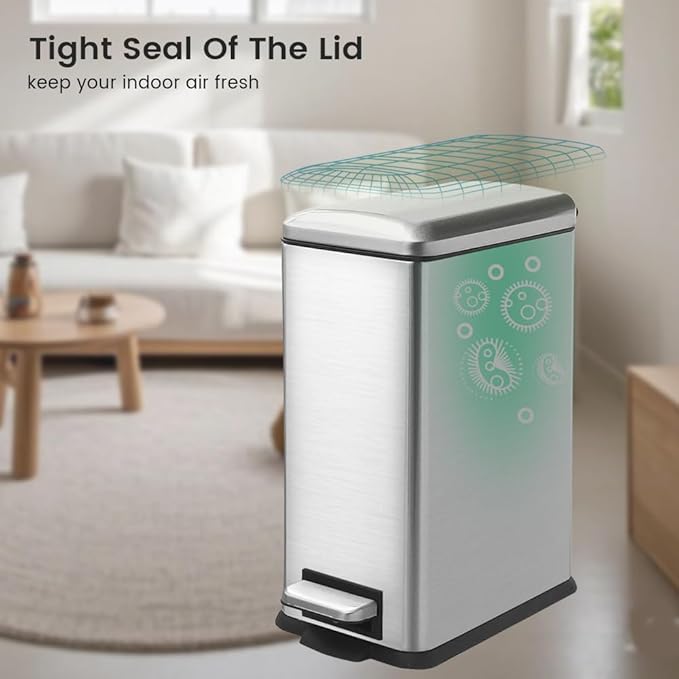 Silver 16.7L/4.4 Gallon Bathroom Trash Can with Lid. Features a removable inner bucket, a soft - close lid, and a stainless - steel step pedal. Ideal for use in the bathroom, kitchen, and home office.