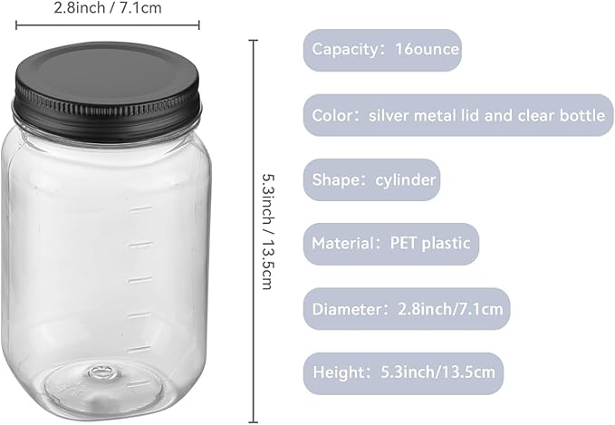 novelinks 16 oz Clear Plastic Jars with Screw-On Lids - BPA-Free Refillable Storage Containers for Slime, Food, Crafts, Kitchen & Household Use (5 Pack,Black)