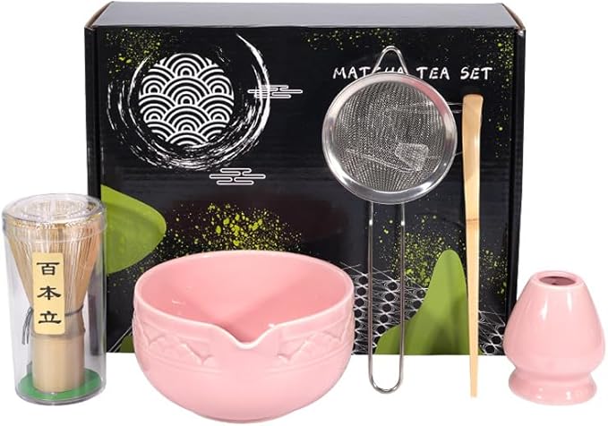 5Pcs Ceramic Matcha Set, Matcha Whisk Set, Tea Set Includes Matcha Bowl, Matcha Whisk and Holder, Sifter, Bamboo Tascoop (Pink)