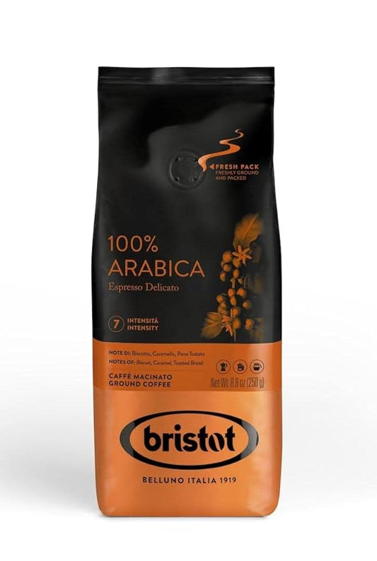 Bristot 100% Arabica Ground Coffee – Italian Espresso Delicato – Medium Roast – Ground Coffee for Moka Pot, French Press & Pour Over – 8.8oz (250g)
