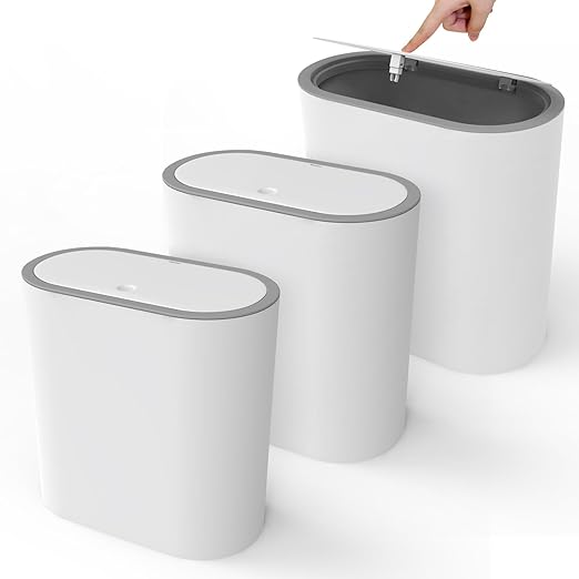 Naisu 15 Liter Rectangular Plastic Trash Can Wastebasket with Press Type Lid,4 Gallon Slim Plastic Trash Bin, Trash Can Waste Bins for Bedroom, Bathroom, Office, Kitchen， Powder Room（White）