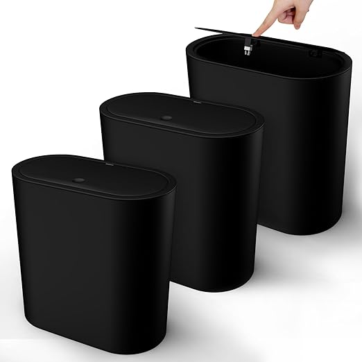 Naisu 3 Pack 15 Liter Rectangular Bathroom Trash Can with Lid, 4 Gallon Slim Plastic Trash Bin, Trash Can Waste Bins for Bedroom, Bathroom, Office, Kitchen, Powder Room