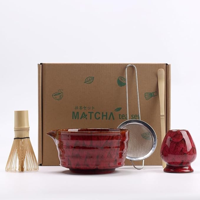 Matcha Whisk Set, 2025 New Ceramic Matcha Set Includes Matcha Bowl, Bamboo Scoop,Sifter, Whisk and Holder- 5 Pcs Kit for Matcha Lovers (Rose Red)