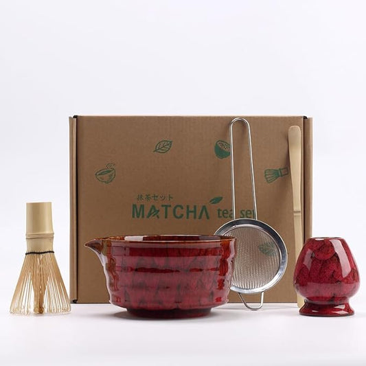 Matcha Whisk Set, 2025 New Ceramic Matcha Set Includes Matcha Bowl, Bamboo Scoop,Sifter, Whisk and Holder- 5 Pcs Kit for Matcha Lovers (Rose Red)