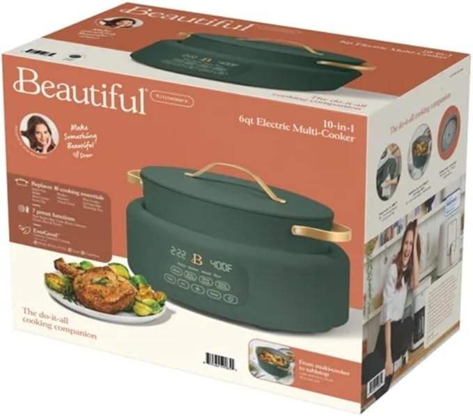 Beautiful 10-in-1 Electric Multi-Cooker by Drew Barrymore, 6-quart, digital display, 10 cooking functions, non-stick pot, easy one-touch control (Thyme Green)