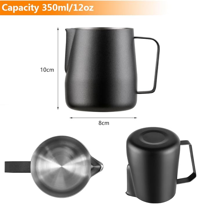 Milk Frothing Pitcher 14oz, Stainless Steel Milk Steaming Pitcher 400ml, Milk Frother Cup with Measurement Marks, Black