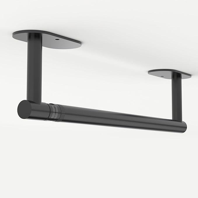 Ruacq Matte Black Paper Towel Holder Double Post Pivoting Round Base Under Cabinet Paper Towel Holder for Kitchen Self-Adhesive or Drill mounting
