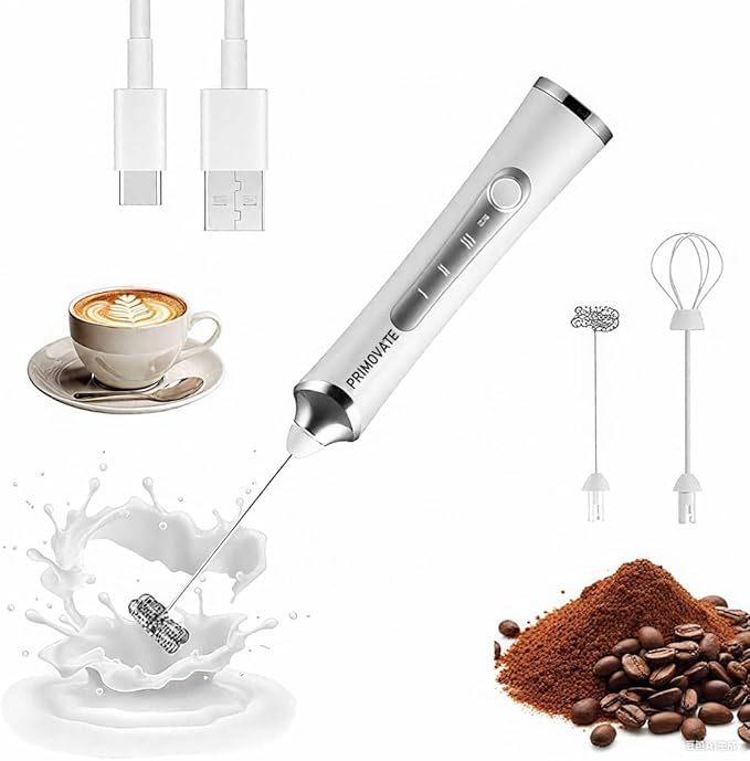 Handheld Milk Frother, Handheld Coffee Whisk, Low-Noise, USB Rechargeable, Black and White Color (White without Stand)
