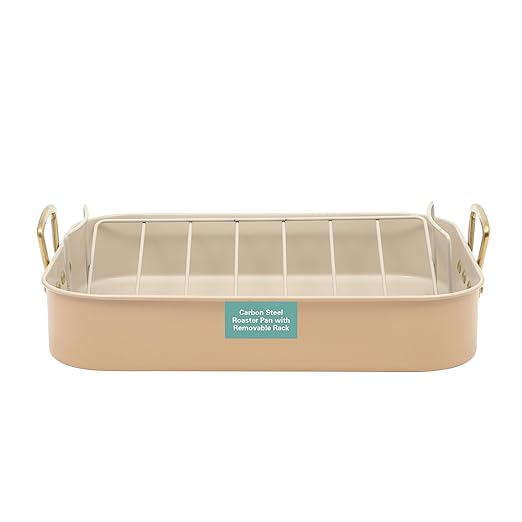 Gibson Home Broxton 2-Piece Nonstick Roaster Pan with Rack – 16 x 12 Inch Apricot Turkey Roasting Pan with Cast Aluminum Gold Handles – Oven-Safe, Easy-Clean, Holiday Cookware