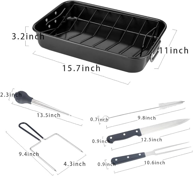 Delux Turkey Roaster Lasagna Pan Set for Roasting Thanksgiving Turkey, Chicken, Meat & Vegetables, with Stainless Steel Turkey Baster Turkey Lifter and Carving Knife n Fork Set