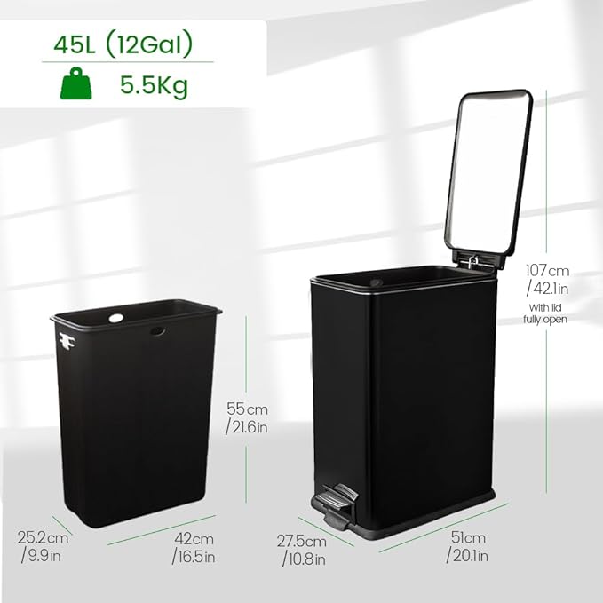 12 Gallon Slim Trash Can with Lid，45 Liter Kitchen Garbage Can,Black Stainless Steel Step Bin for Narrow Spaces with Soft-Close Lid, Inner Bucket, and Step-on Pedal