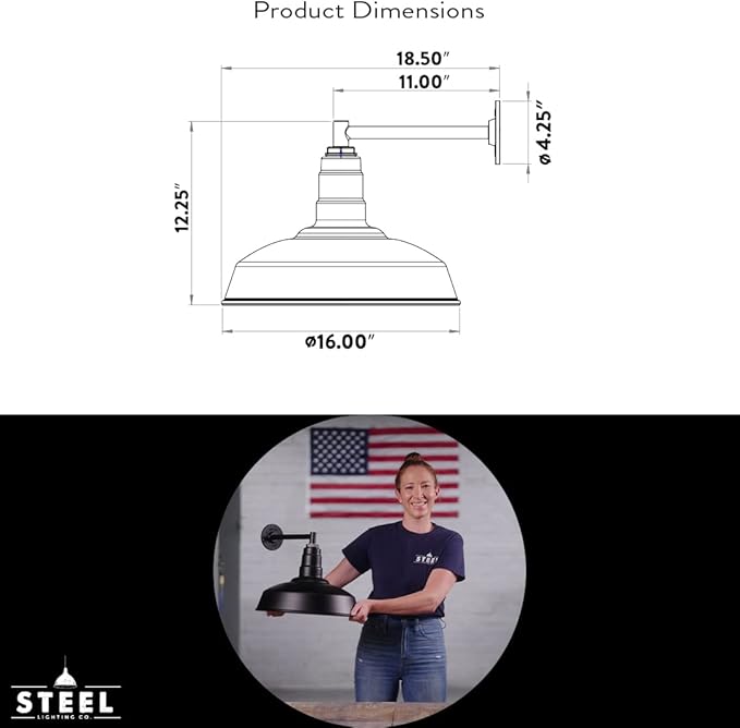 Steel Lighting Co. Gardena Barn Light | Outdoor Wall Mounted | 16" Dome | 11" Straight Arm | Farmhouse Light Made in America | Black Exterior/White Interior