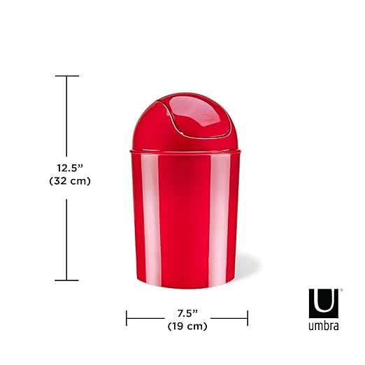 Umbra 1.25 Gallon Mini Waste Can with Removable Swing-Top Lid - Small Garbage Bin for Kitchen, Bathroom, Bedroom, Office - Compact Trash Can Fit Under Tables & Counters - Red