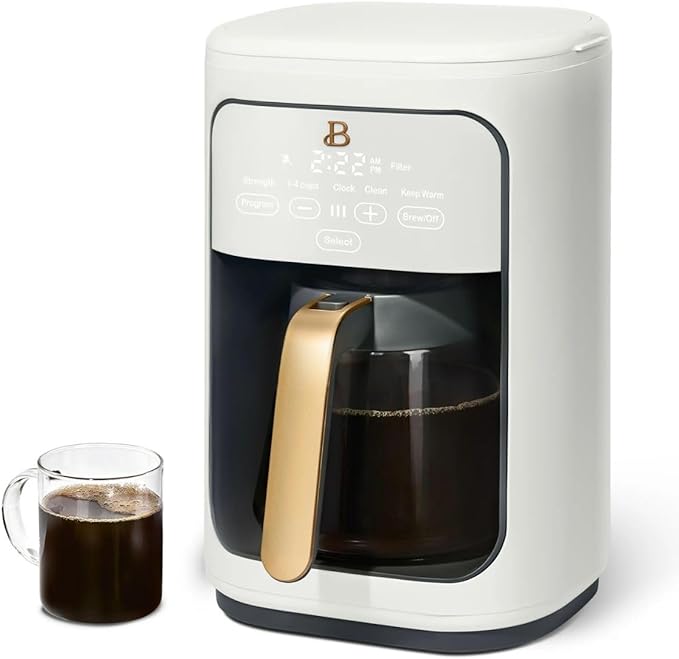 Beautiful 14-Cup Programmable Coffee Maker, Touch-Activated Display, Auto Brew with 3 Flavor Options (White Icing)