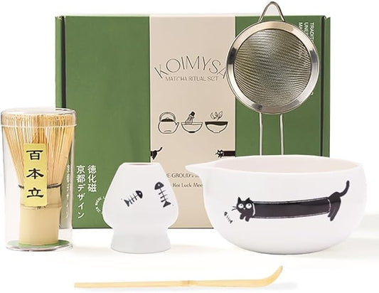 Matcha Whisk Set, Cute Japanese Matcha set Preparation Gift Kit Including Ceramic Bowl and Whisk Holder, Bamboo Scoop, Gift Box