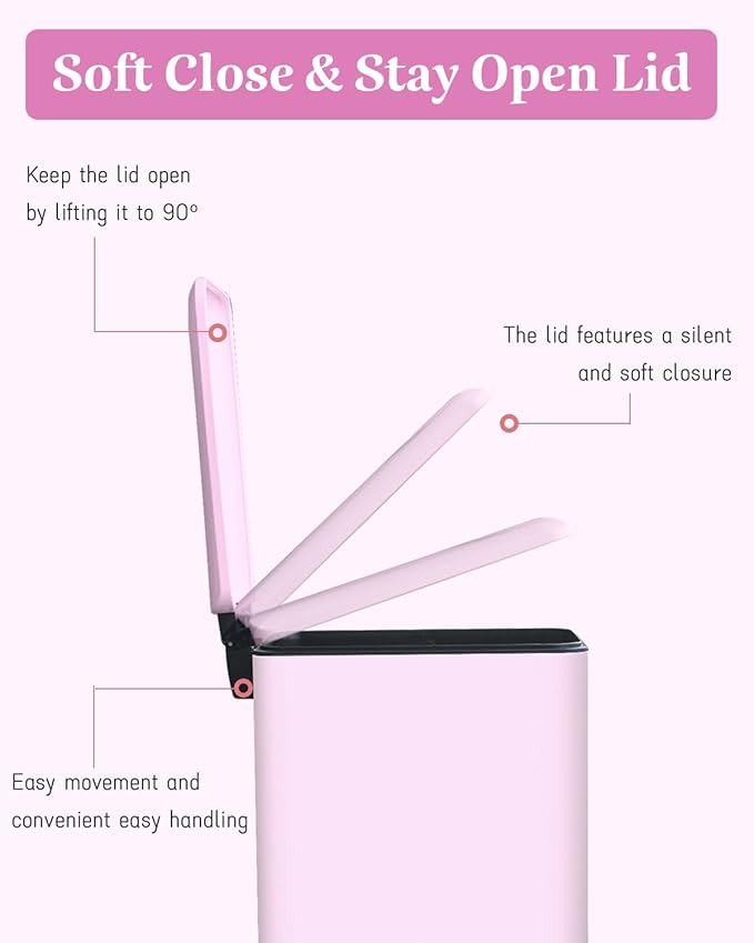Bathroom Trash Can, 10L/2.6 Gallon Stainless Steel Slim Garbage Can, Pedal Trash Bin with Removable Liner Bucket, Soft Close Lid, Rectangle Trash Bin for Office, Kitchen, Bedroom, Pink