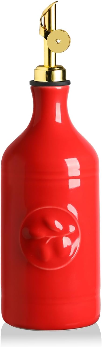 Sweejar 16 Oz Ceramic Olive Oil Dispenser Bottle, Oil Dispenser for Kitchen with Gravity Spout, Relief Opaque Vinegar Container for Evoo, Soy Sauce, 1 Pack(Red, Gold Spout)