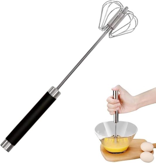 12 Inch Stainless Steel Semi-Automatic Whisk, Easy Whisk Handheld Mixer, Rotating Hand Push Mixer Egg Beater, Egg Scrambler for Blending, Beating, Frothing, Stirring (Black)