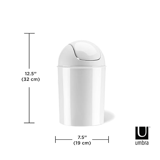 Umbra 1.25 Gallon Mini Waste Can with Removable Swing-Top Lid - Small Garbage Bin for Kitchen, Bathroom, Bedroom, Office - Compact Trash Can Fit Under Tables & Counters - White