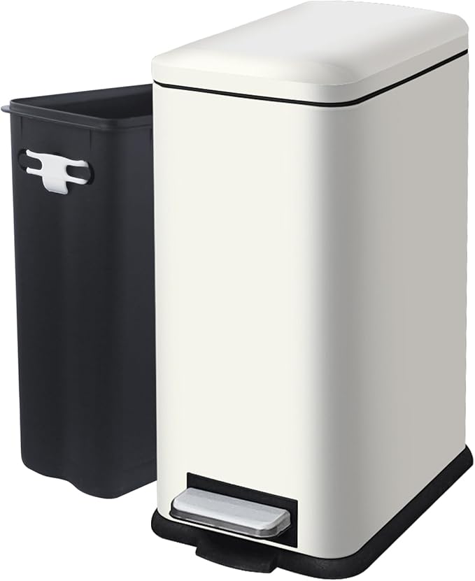 Large Bathroom Trash Can, 16.7L/ 4.4 Gallon Trash Can with Removable Wastebasket, Hand Free Garbage Can with Soft close Lid, Stainless Steel Skinny Trash Bin for Bedroom, Home Office, White