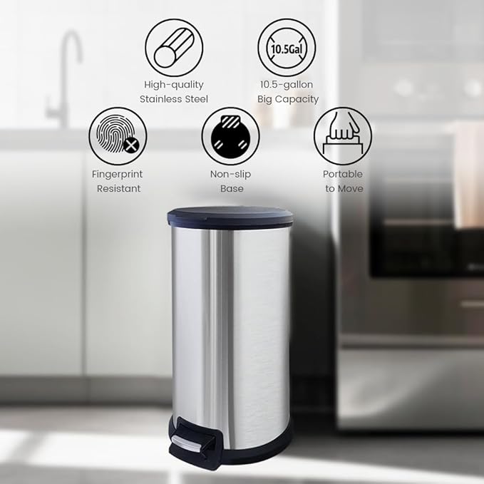 10 Gallon Stainless Steel Trash Can – Round Tall Design, Hands-Free Pedal, Liner-Free with Inner Ring Bag Holder，Rust-Proof for Kitchen, Office, or Bathroom