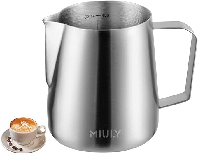 Miuly Milk Frothing Pitcher, 14oz/420ml Stainless Steel Espresso Accessories Frother Pitcher for Cappuccino, Latte Art