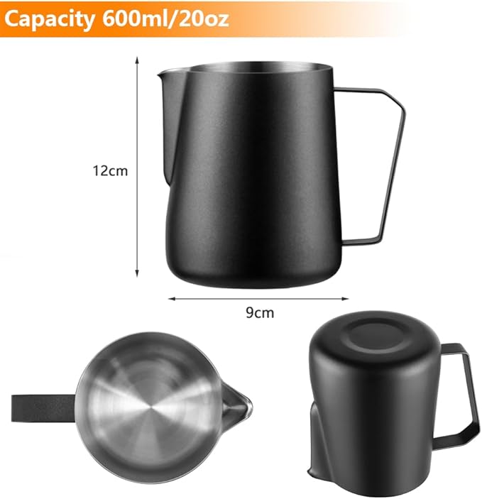 Milk Frothing Pitcher 20oz, Stainless Steel Milk Steaming Pitcher 600ml, Milk Frother Cup with Measurement Marks, Black