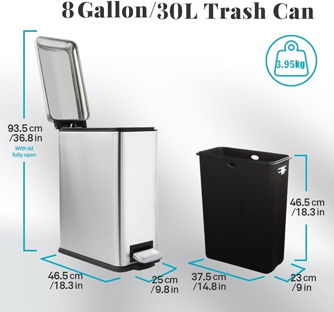 30L/Slim 8 Gallon Stainless Steel Trash Can with Soft-Close Lid & Removable Inner Bucket, Fingerprint-Proof, Odor-Controlled Kitchen Bathroom & Office Waste Bin, Silver