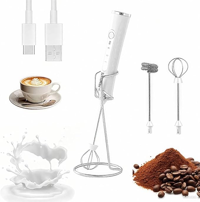 Handheld Milk Frother, Handheld Coffee Whisk, Low-Noise, USB Rechargeable, Black and White Color (White with Stand)